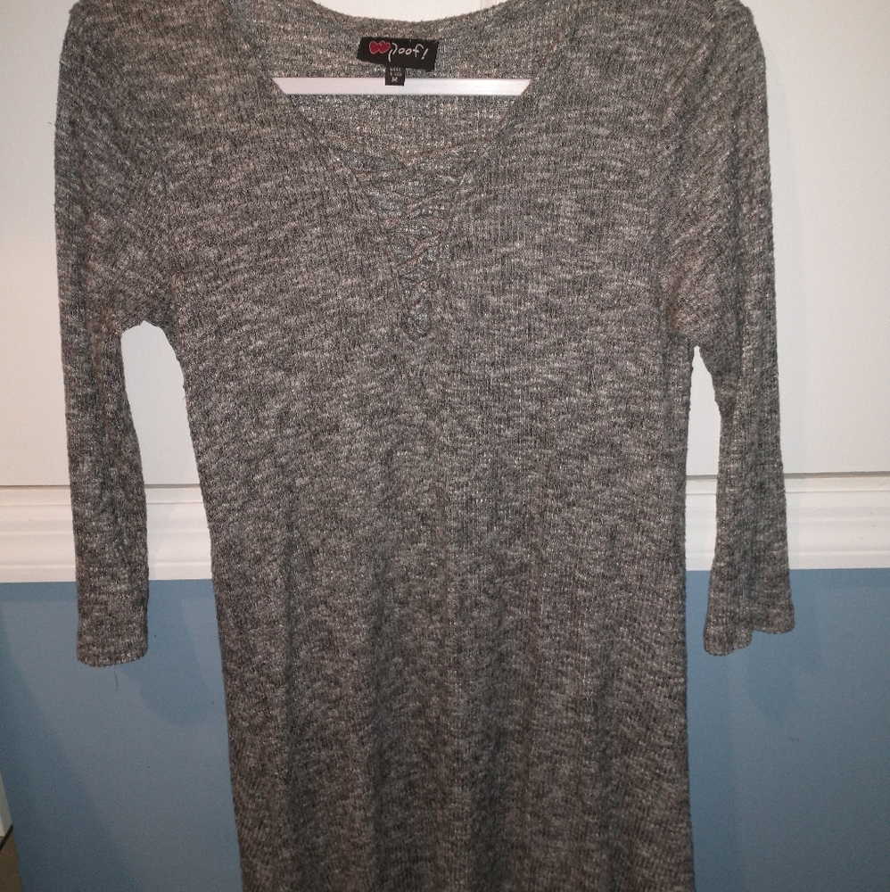 long sleeve grey sweater dress with v neck